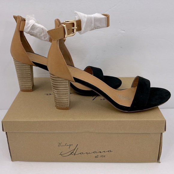 VINTAGE HAVANA, BLACK & TAN OPEN TOE MIDTOP, ADJUSTABLE ANKLE LOOP WITH BUCKLE - Picture 4 of 14